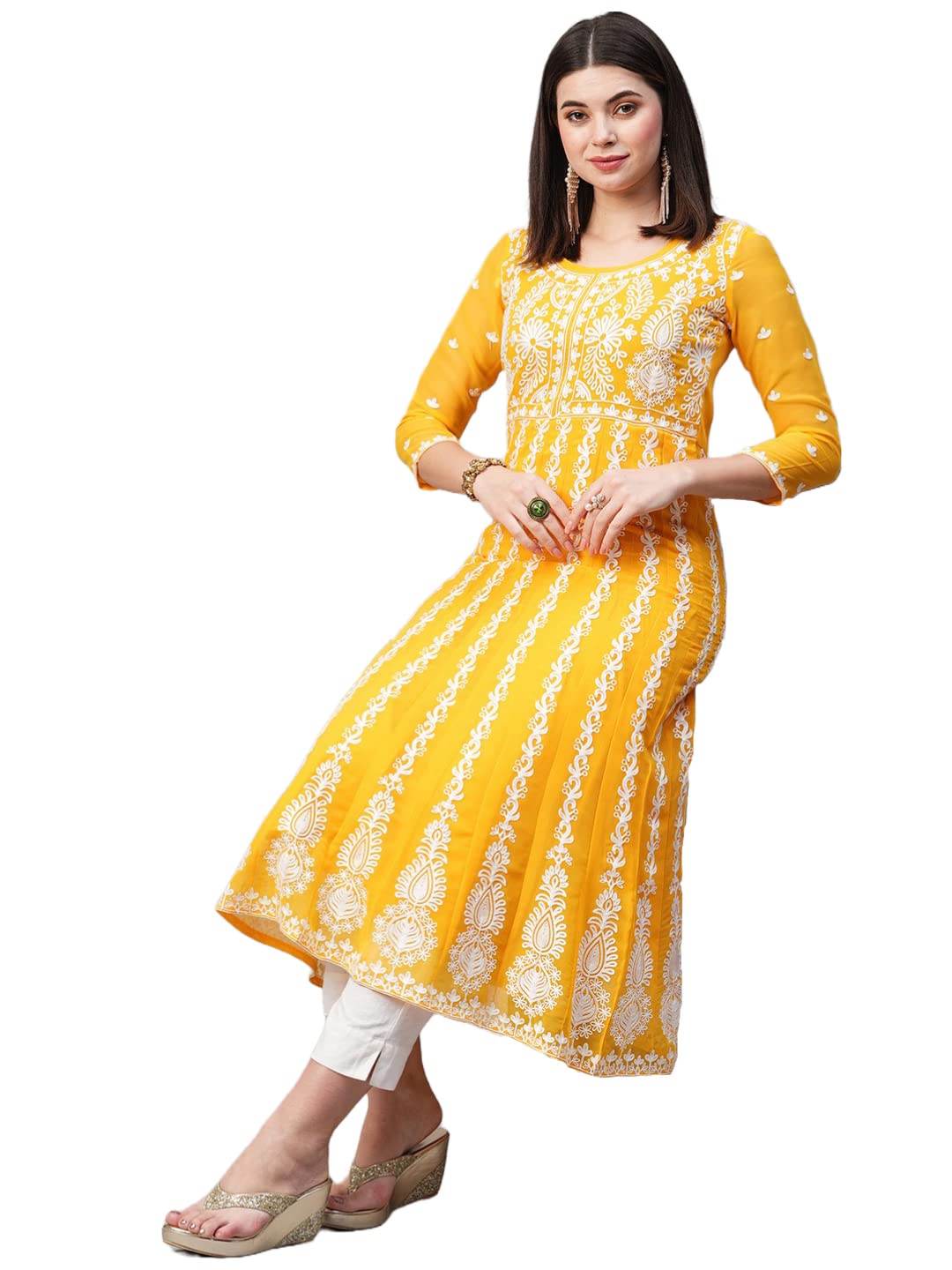 ANNI DESIGNER Womens Georgette Chikankari Embroidered Anarkali Kurti (Naav Yellow-Nw2_XXL_Yellow_XX-Large)