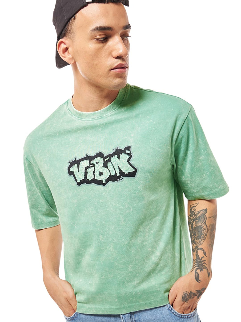 Bewakoof Mens Graphic Print Oversized Fit Half Sleeve Round Neck Pure Cotton Acid Wash T-Shirt_635550_Green_XL