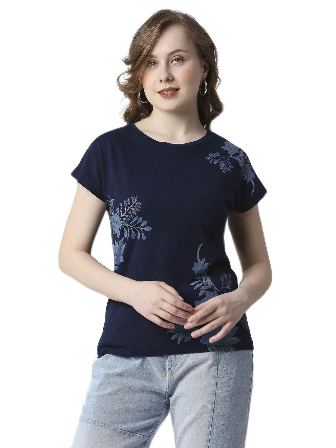 Pepe Jeans Printed Cotton Round Neck WomenS T-Shirt (Blue, Medium)