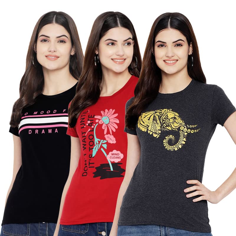 Preneum Womens Cotton Regular Fit Latest Graphic Stylish Printed Short Sleeves Casual T-Shirt || Latest Trending Style (Pack 3)