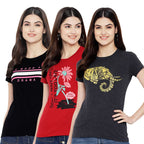 Preneum Womens Cotton Regular Fit Latest Graphic Stylish Printed Short Sleeves Casual T-Shirt || Latest Trending Style (Pack 3)