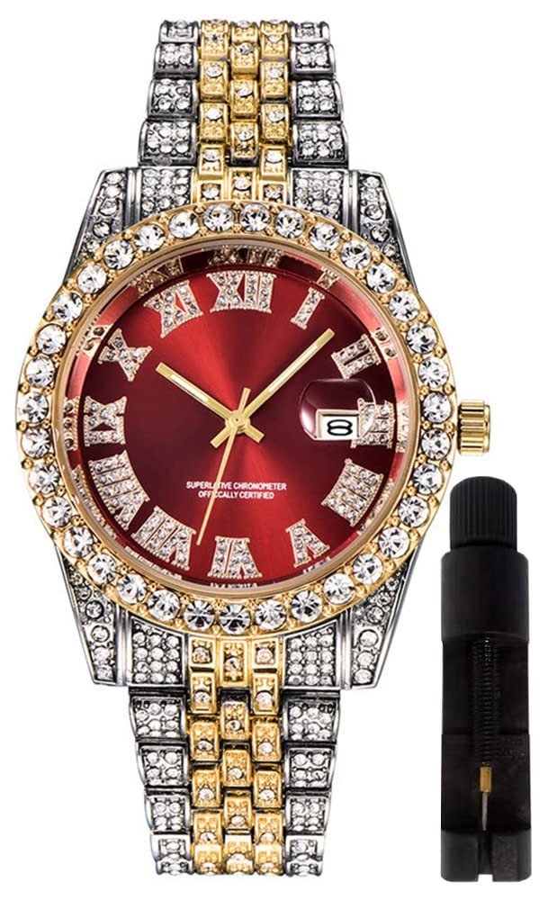 HUNRUY Hip Hop Watches for Men Iced-Out Bling Diamond Luxury Quartz Watches with Date (40mm Red)