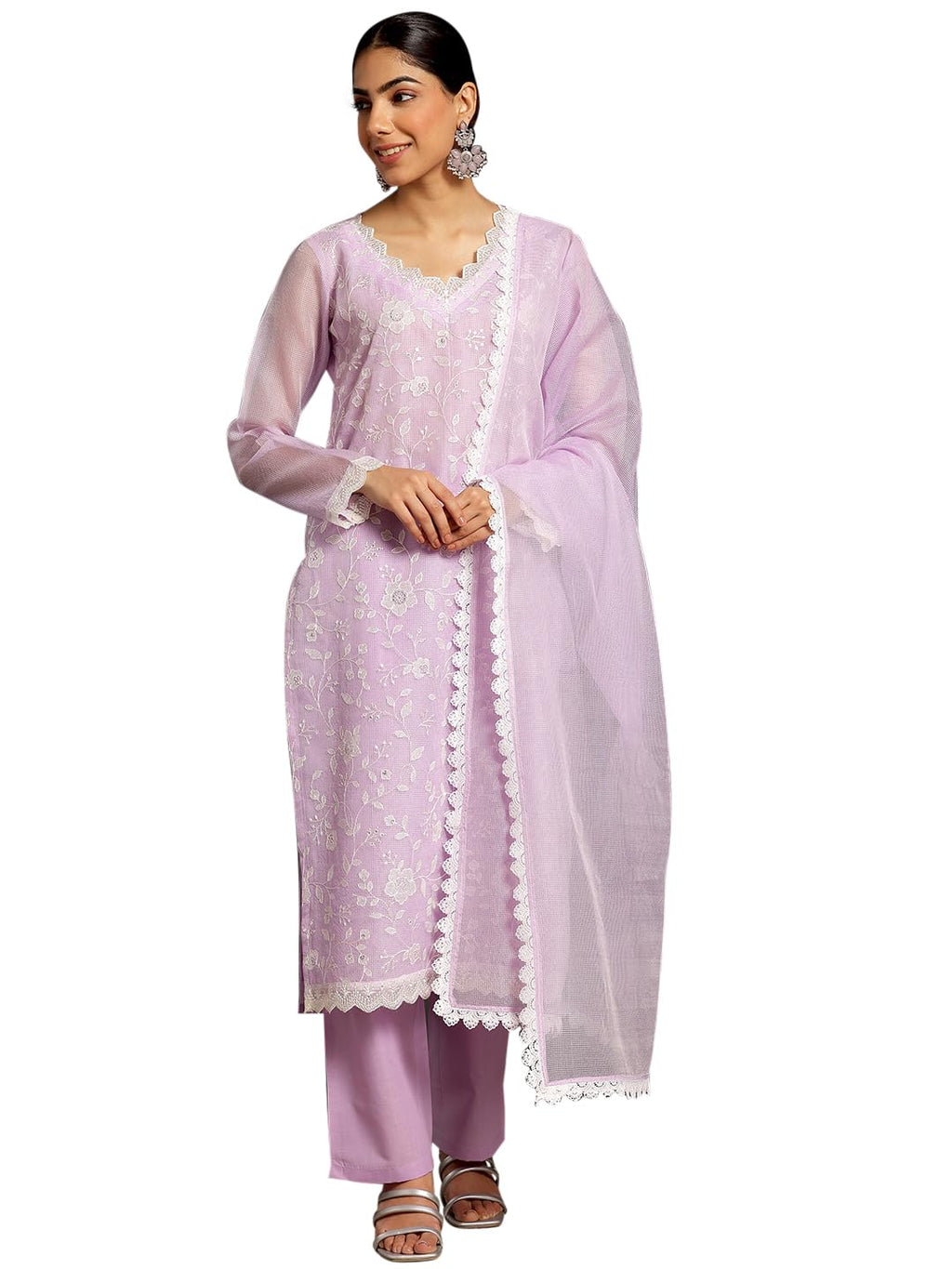 Libas Womens Embroidered Cotton Blend Pakistani Kurta With Trousers And Dupatta