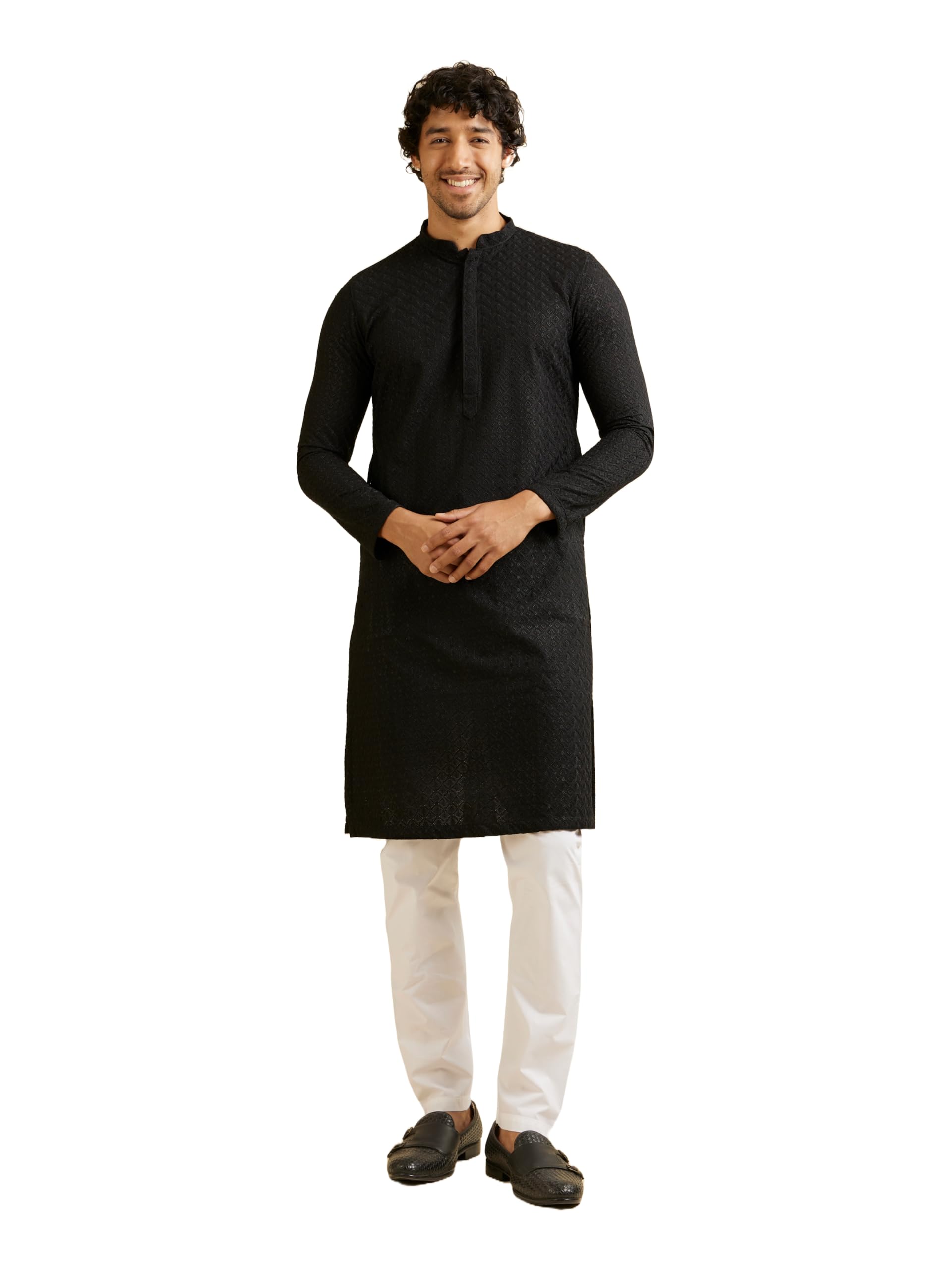 Manyavar Kurta Set for Men, Full Sleeves Mandarin Collar Ethnic Kurta Set for Engagement, Wedding, Party Solid (Black, L)