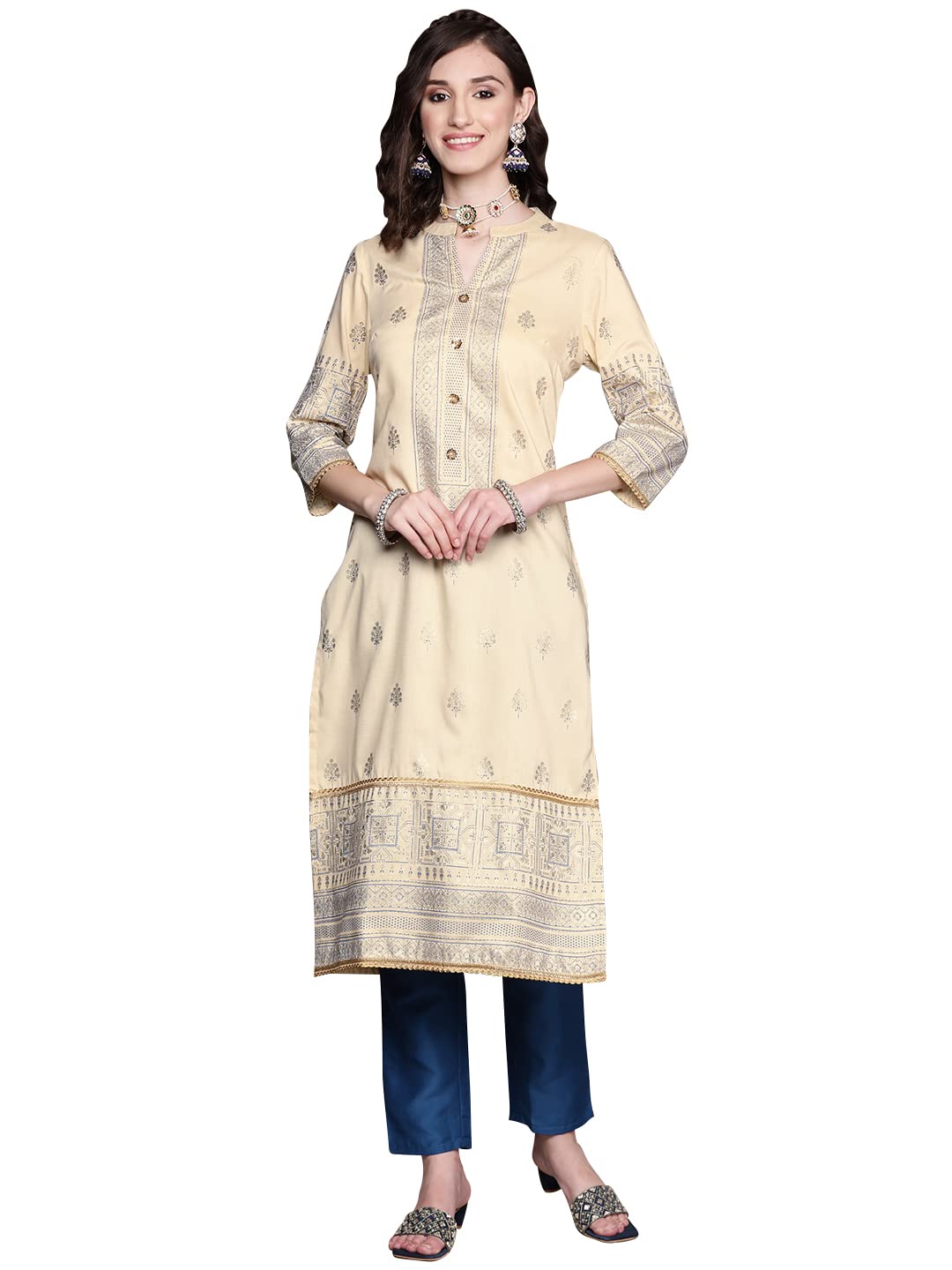 Ziyaa Women'S Cream Chinon Straight Kurta And Pant Set(Zikuch3820Andpa-M)