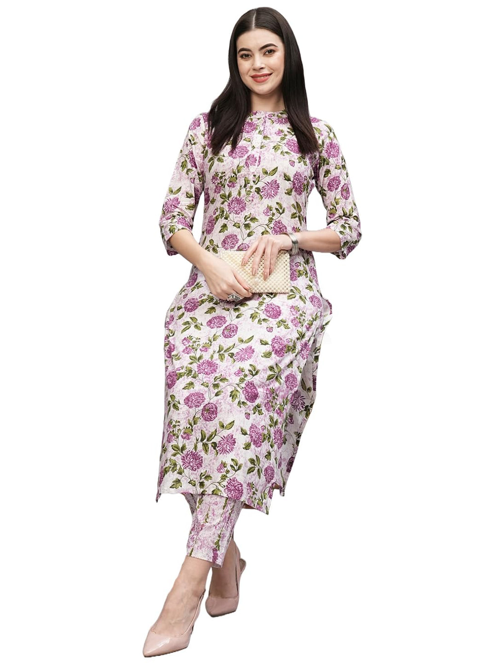 ANNI DESIGNER Womens Cotton Blend Straight Printed Kurta with Pant (Dafiya Purple_M_Purple_Medium)