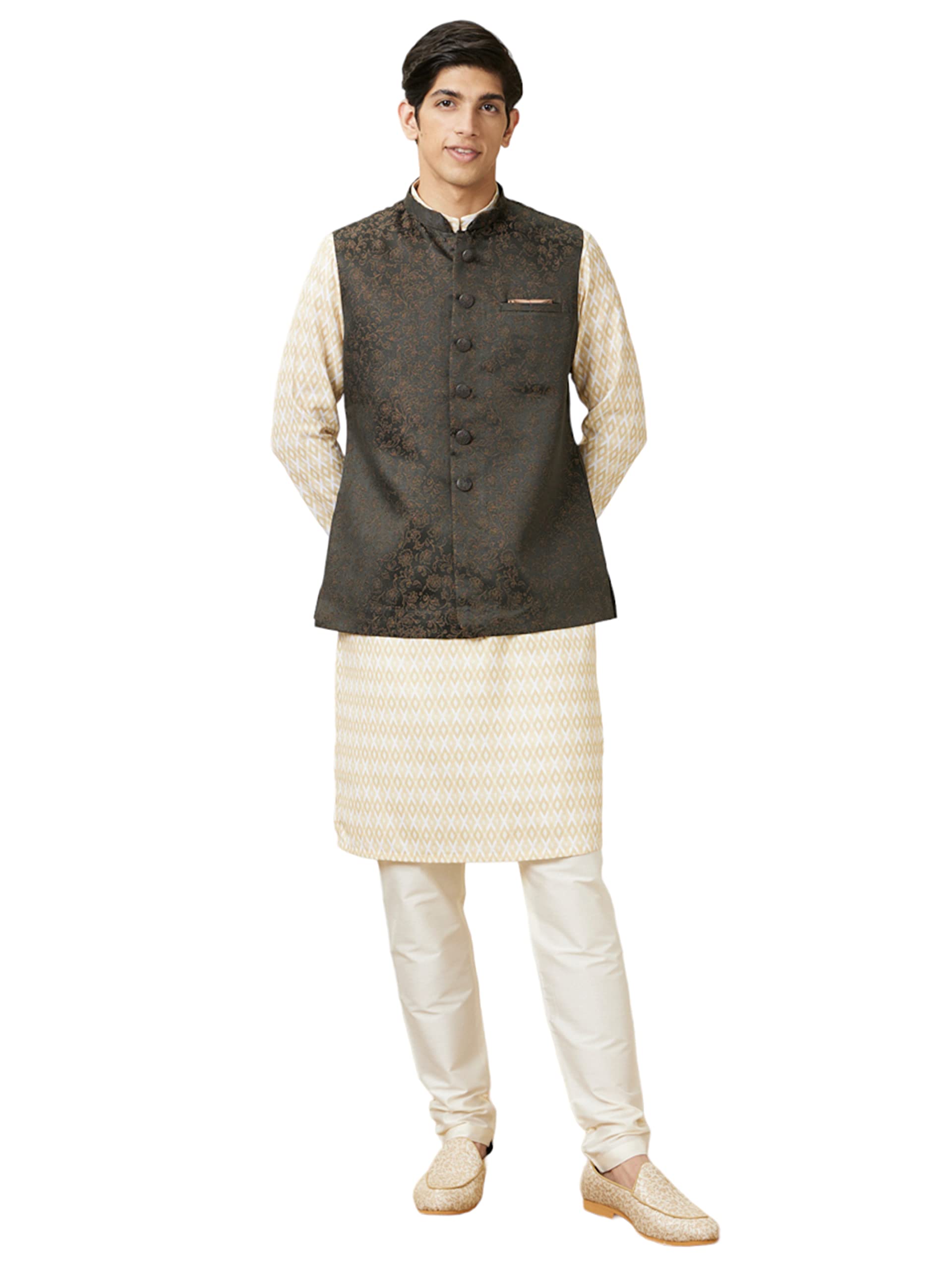 Manyavar MenS Brocade Self Design Sleeveless Mandarin Collar Traditional Nehru Jacket (Green,M)