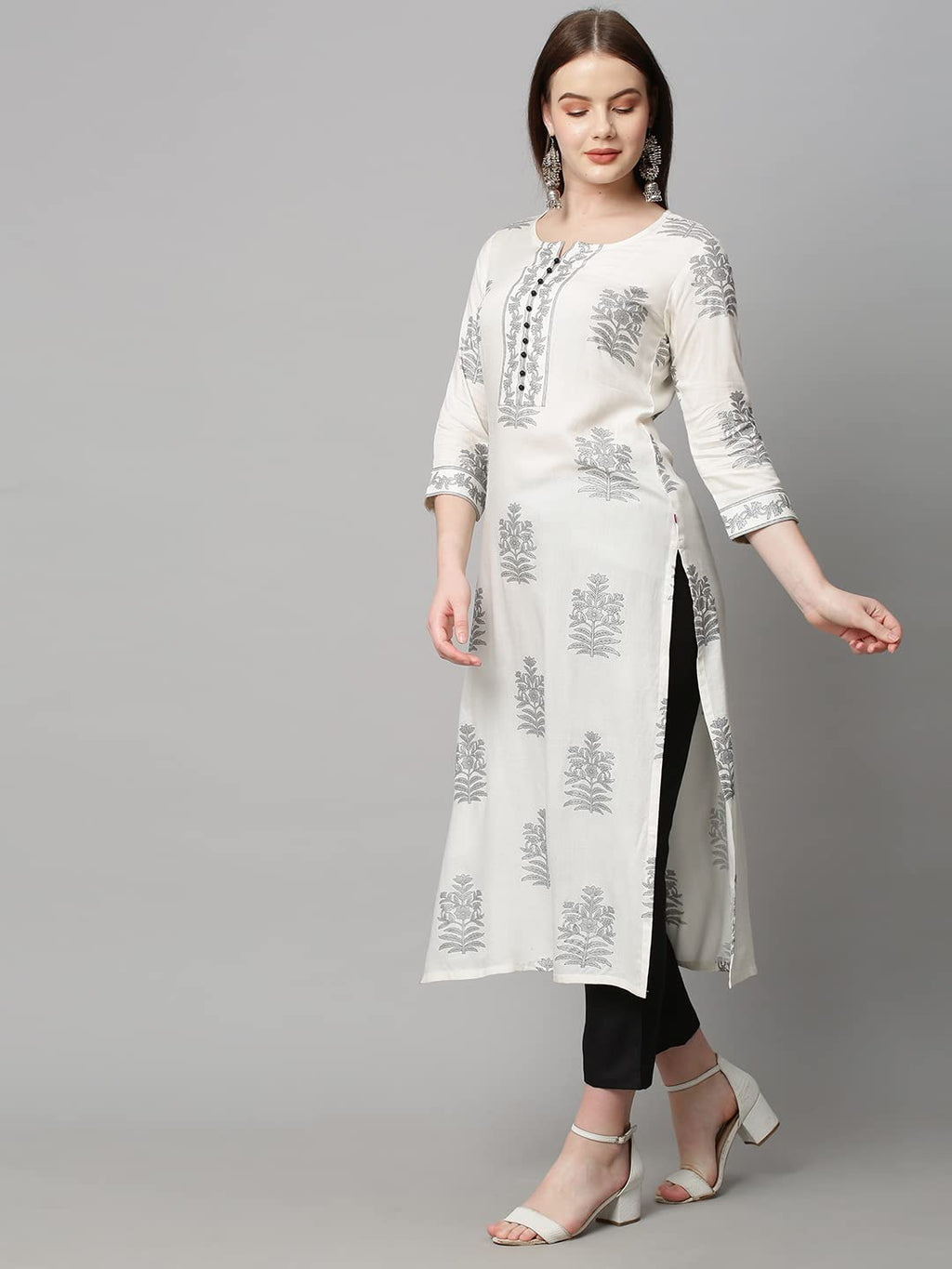 ANNI DESIGNER Womens Cotton Blend Traditional Straight Printed Kurta and Pant Set (12 AMD White_S_White_Small)