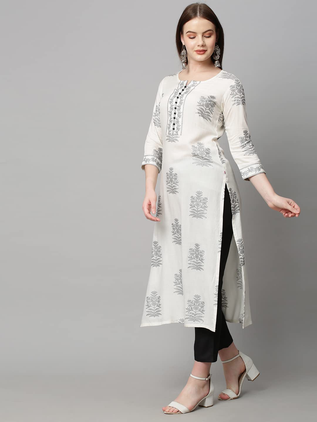 ANNI DESIGNER Womens Cotton Blend Traditional Straight Printed Kurta and Pant Set (12 AMD White_S_White_Small)