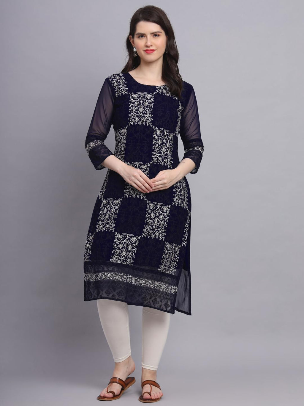 VAIRAGEE Womens Georgette Straight Cut Round Neck Kurta with Beautiful Lucknowi Chickenkari Work (1605) Navy Blue