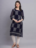 VAIRAGEE Womens Georgette Straight Cut Round Neck Kurta with Beautiful Lucknowi Chickenkari Work (1605) Navy Blue
