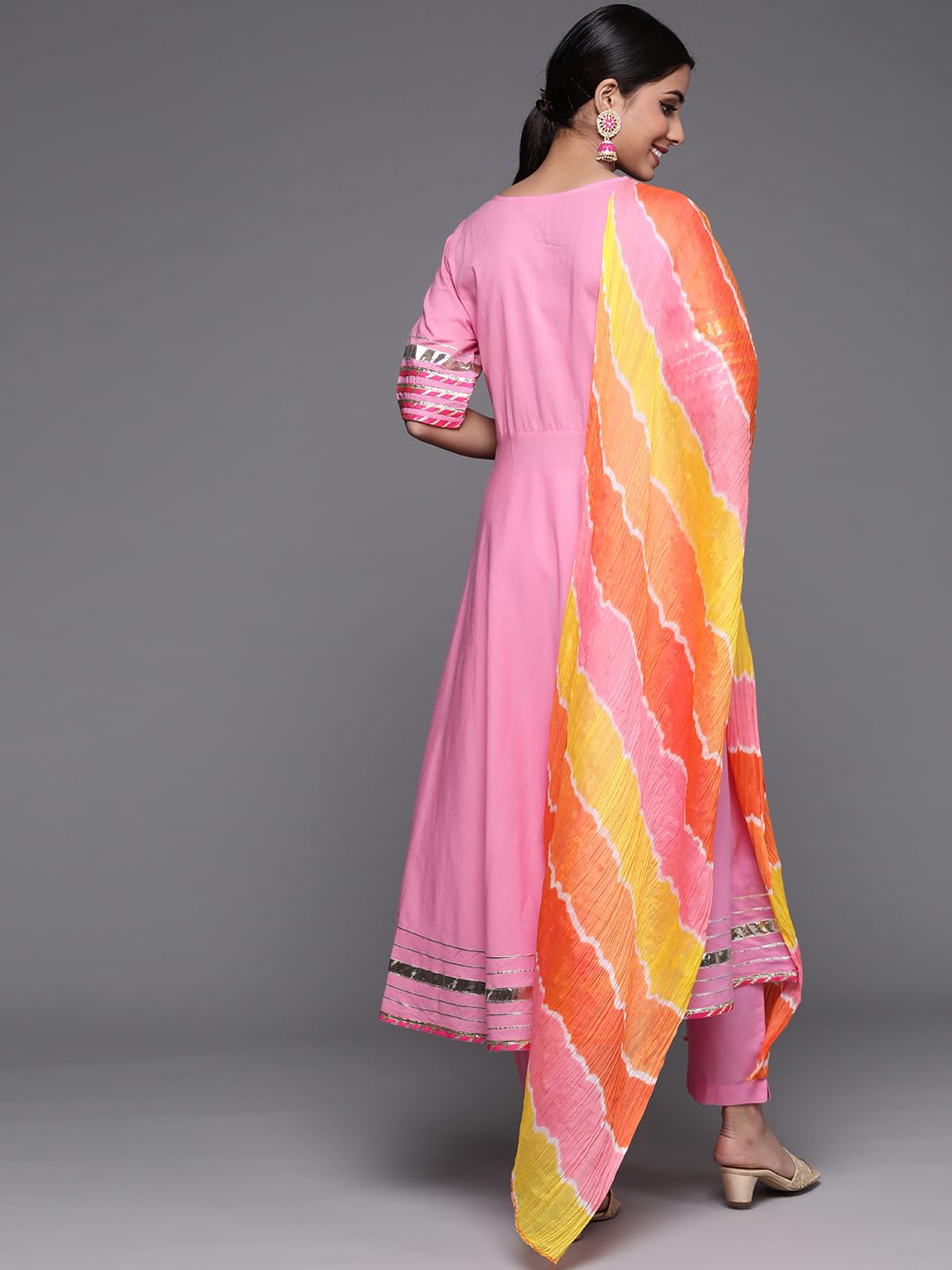 Varanga Women Pink Flared Angrakha Kurta Set With Multi Colour Leheriya Dupatta