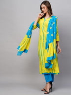 ANNI DESIGNER Womens Cotton Blend Straight Printed Kurta with Pant & Dupatta (Kayke Yellow-NW_S_Yellow_Small)