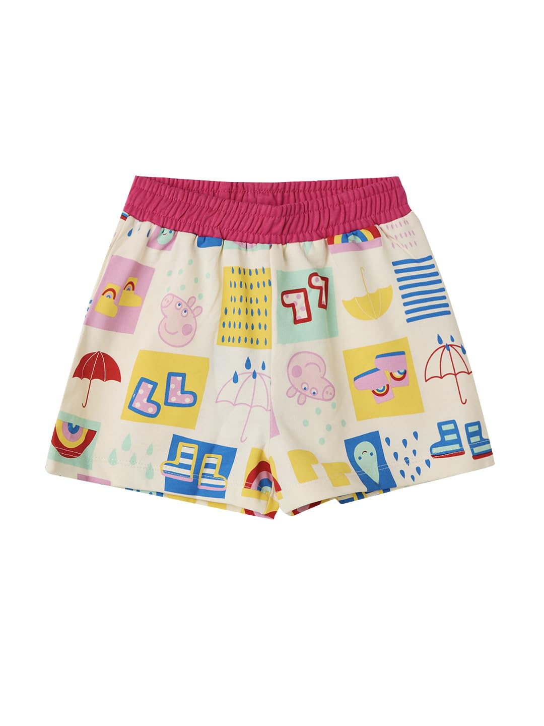 The Souled Store Official Peppa: Rainbow Splash Girls Elasticated Multicolor All Over Printed Cotton Shorts
