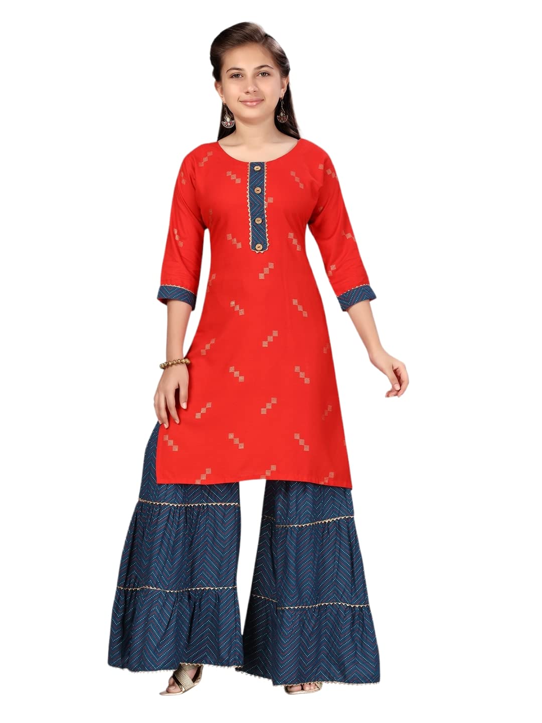 Aarika Girls Cotton Kurti Sharara Set (SH-AP-C-3_Red-Teal_32)