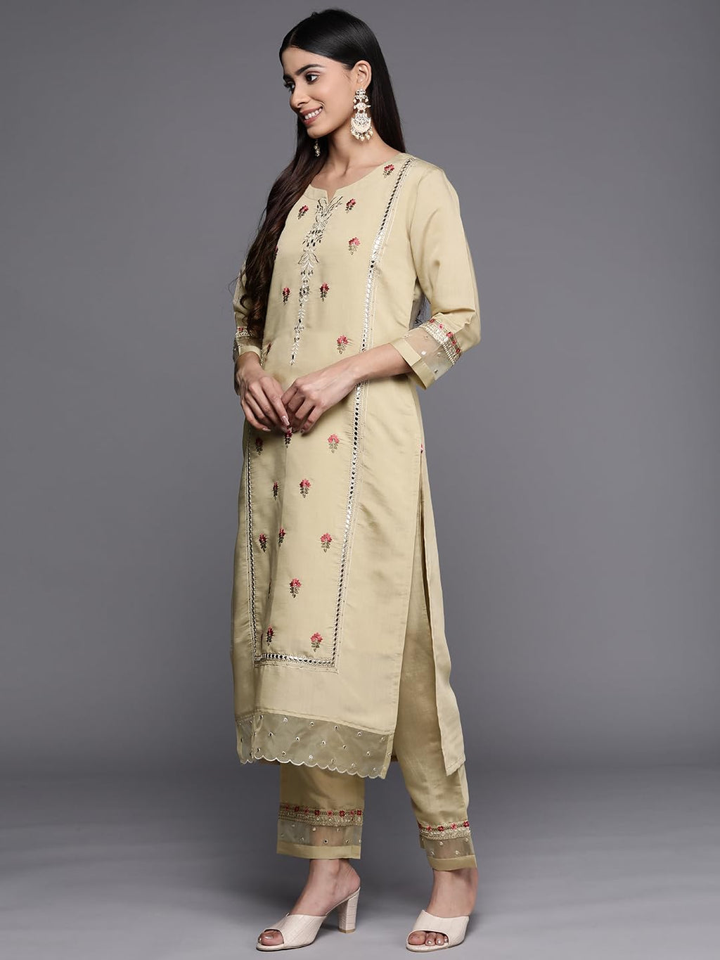 Varanga Women Beige Embroidered Kurta Paired With Tonal Bottom And Organza Dupatta