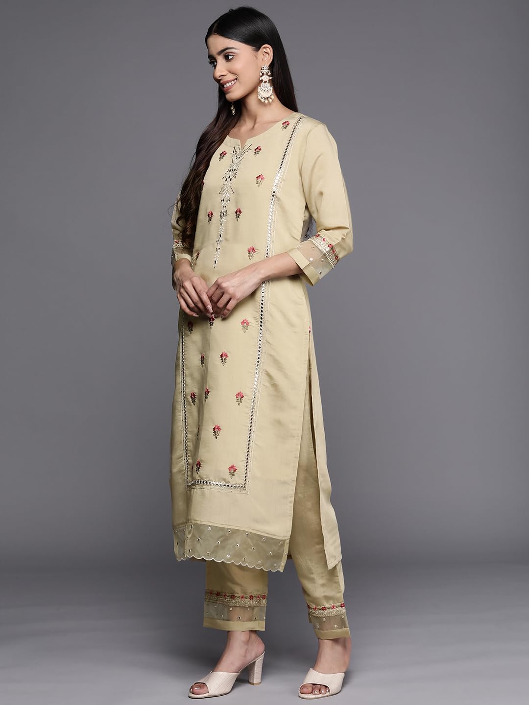 Varanga Women Beige Embroidered Kurta Paired With Tonal Bottom And Organza Dupatta