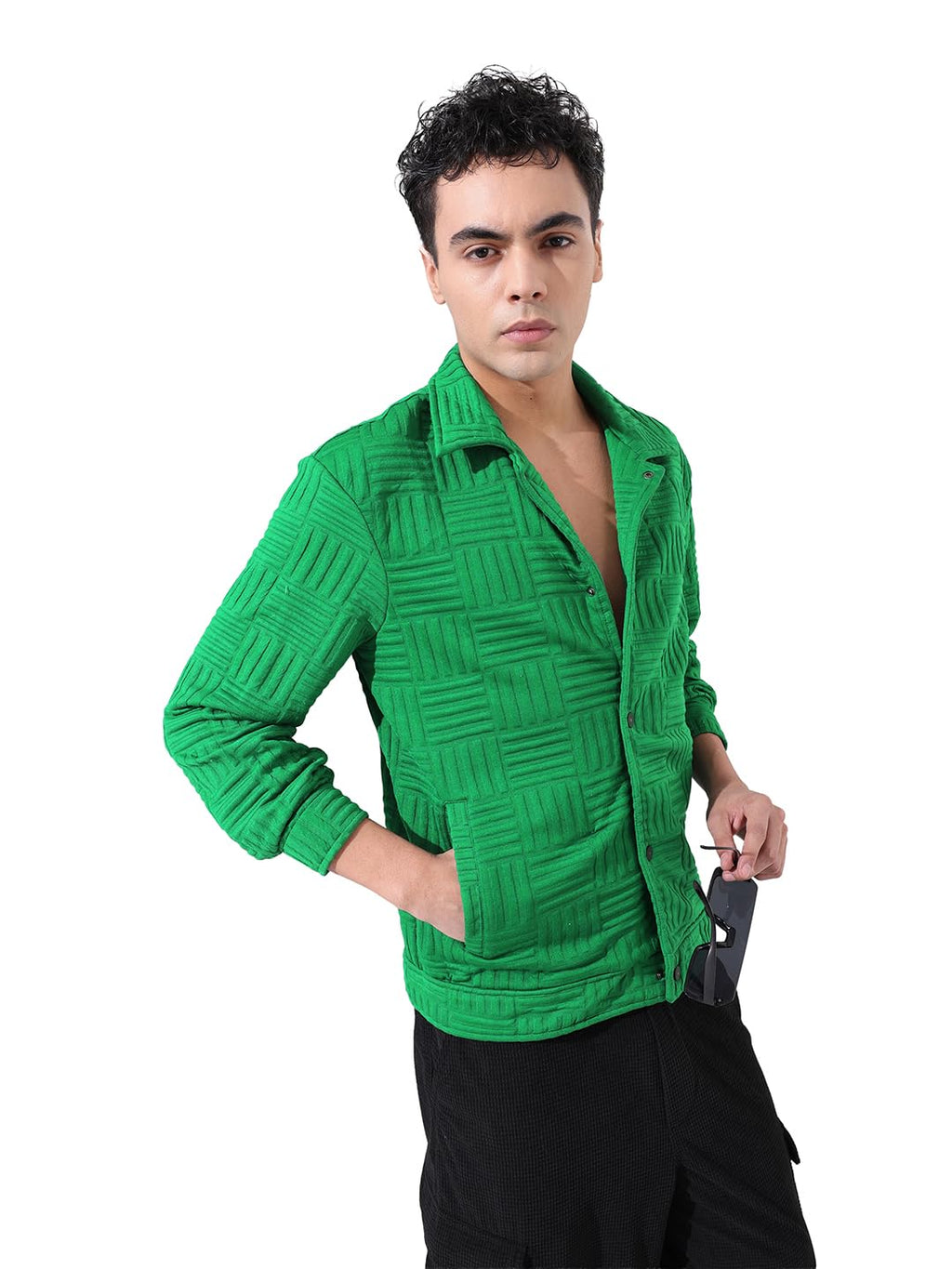 The Indian Garage Co Mens Regular Fit Self Design Spread Collar Full Sleeves Casual Shacket Sweater