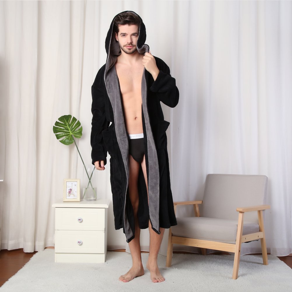 KEMUSI Hooded Herringbone Men's Black Soft Spa Full Lenght Bathrobe With Grey Kimono Shawl Collar(XL)