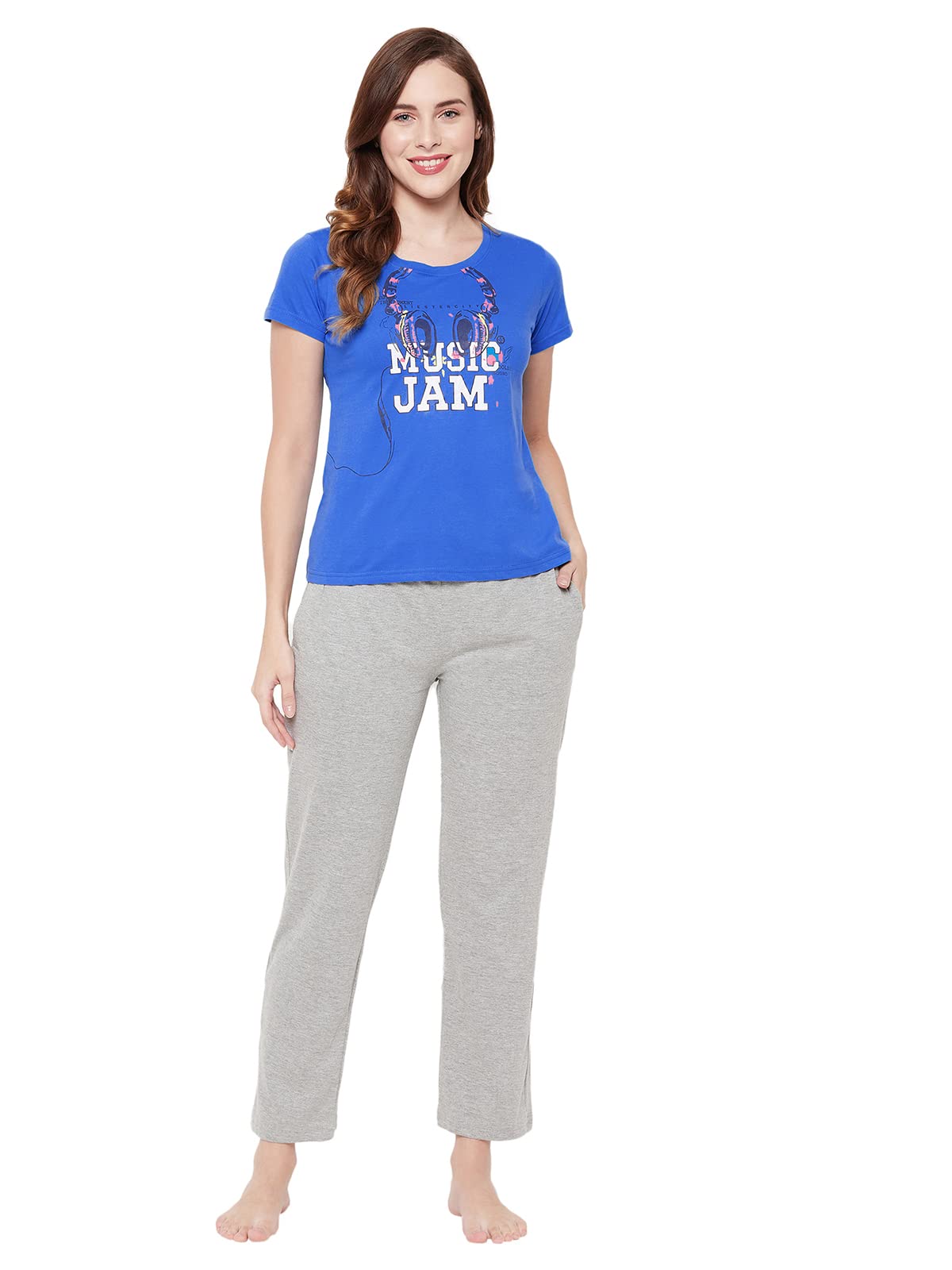 Clovia Womens Cotton Music Magic Top & Basic Pyjama Set (COMLS0471_Royal Blue & Grey_S)