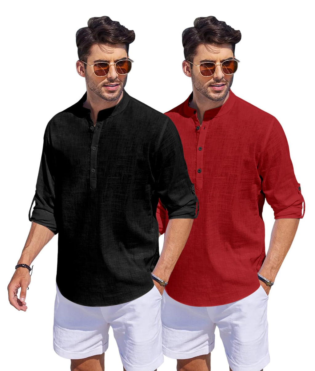 Hemrin Combo Of Men Solid Cotton Blend Straight Kurta Shirt Pack Of 2