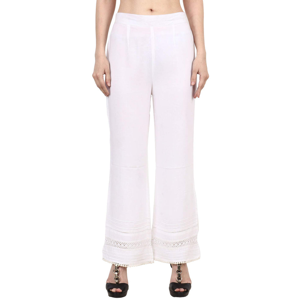 Popwingscasual Rayon White Flat Front Straight Leg Lace Work Palazzo For Women || Pull-On Palazzo For Women || Long-Length Summe