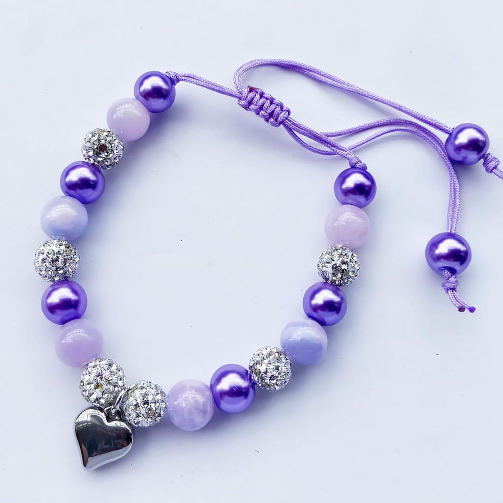 DOLON Purple Beaded Rhinestone Heart Charm Granddaugther Bracelet Adjustable Jewelry Back to School Birthday Christmas Holiday G