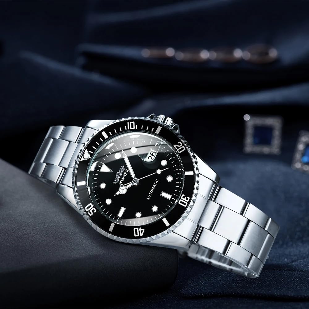 MASTOP Men Automatic Mechanical Watches Full Steel Waterproof Mens Watches with Calendar (Silver Black)