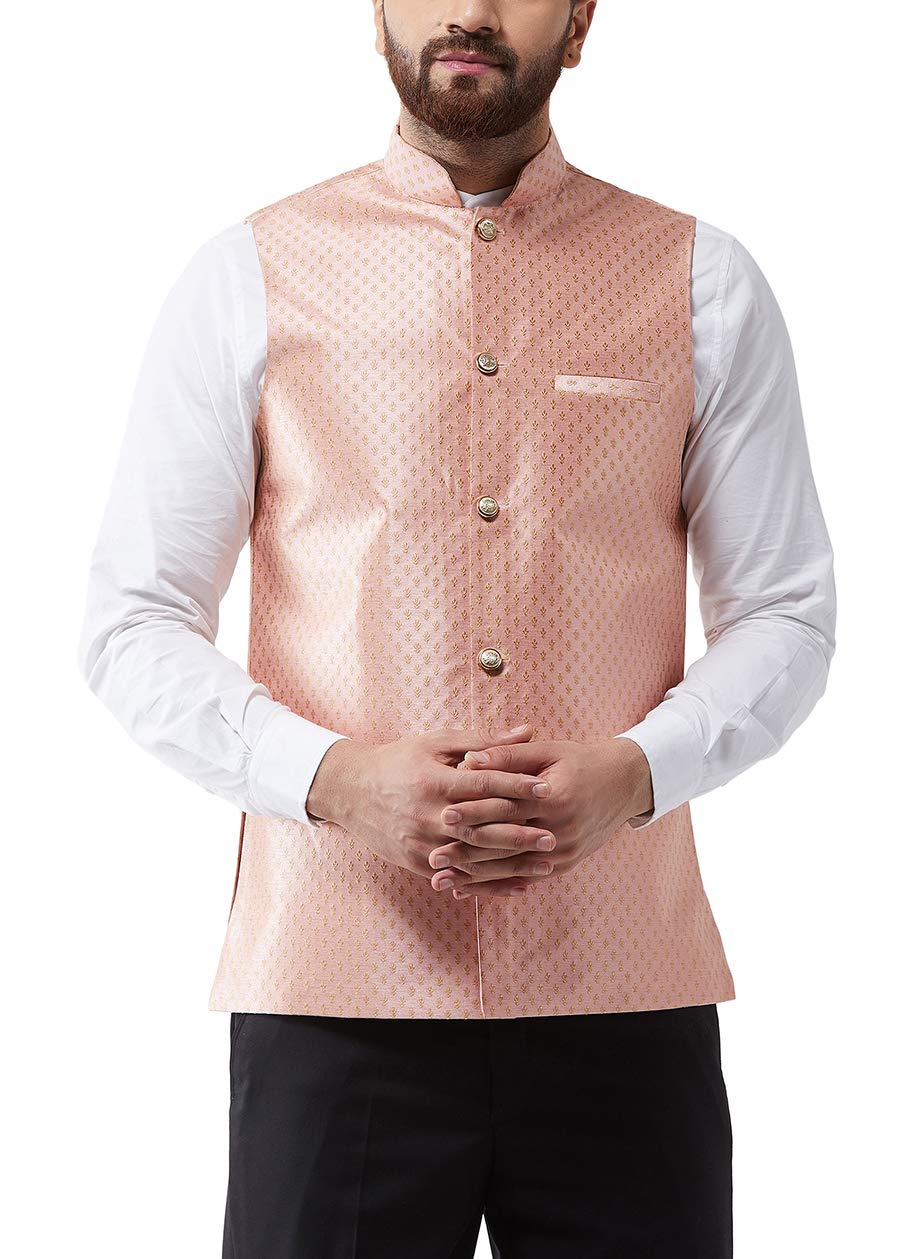 Sojanya (Since 1958, Mens Silk Blend, Peach & Gold Embroidered Nehru Jacket, Size: 44
