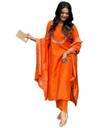 ANNI DESIGNER Ladies Silk Blend Straight Embroidery Kurta with Trousers and Dupatta, Orange, XL