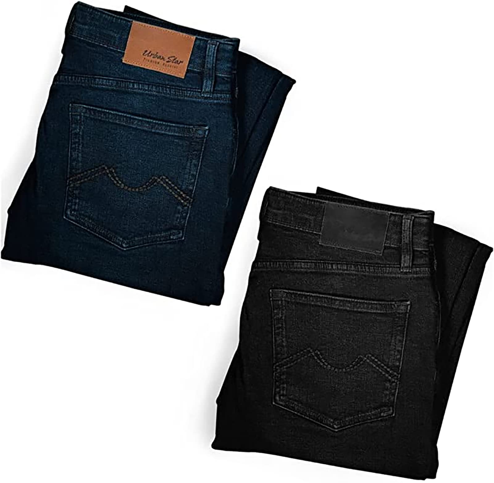 Urban Star Mens Jeans Relaxed Fit 2-Pack - Straight Leg Stretch Jeans for Men - Ultimate Comfort Superflex Pants Black/Dark Blue