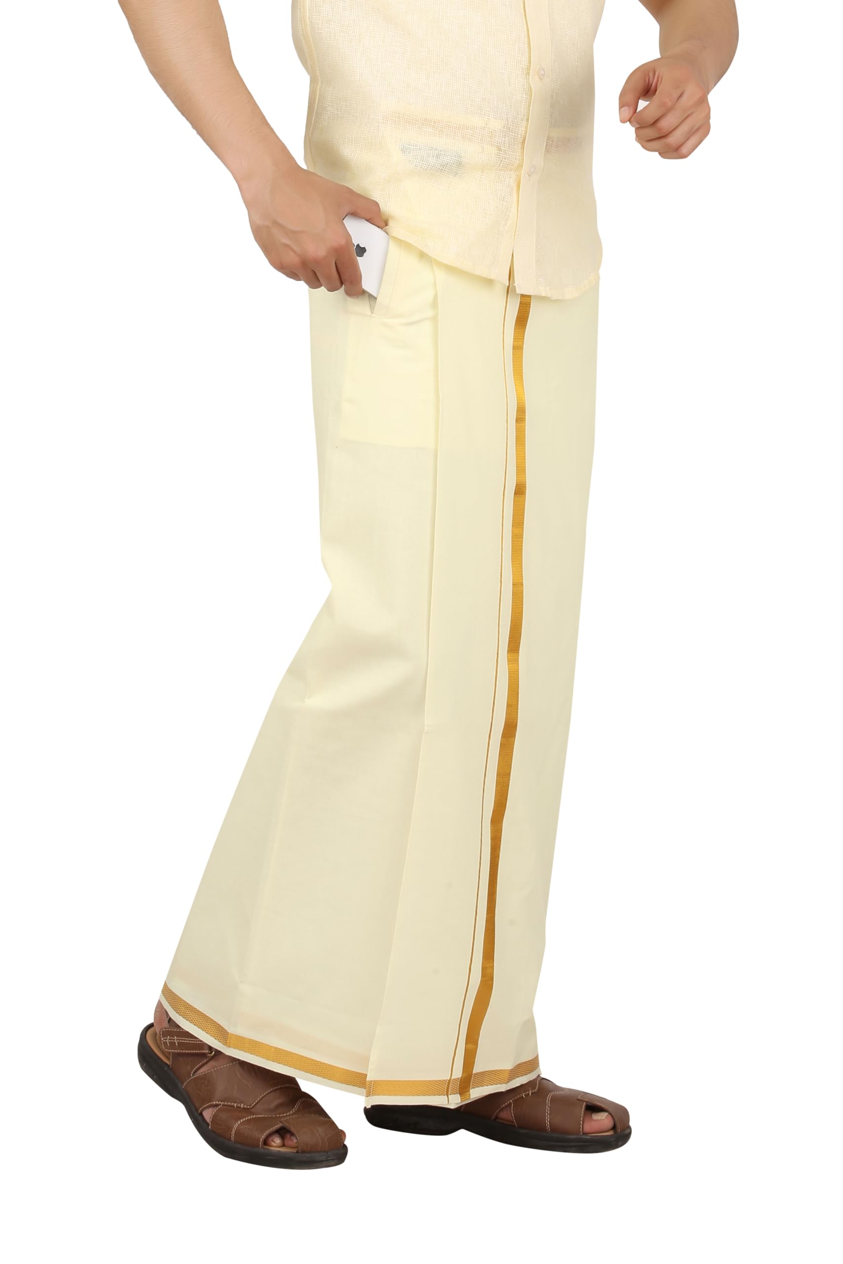 PRAKASAM COTTON Cream Colour-Gold Jari Border Welcro Pocket Stitched dhoti for mens/Size Hip -38 inches- Length- 42 inches
