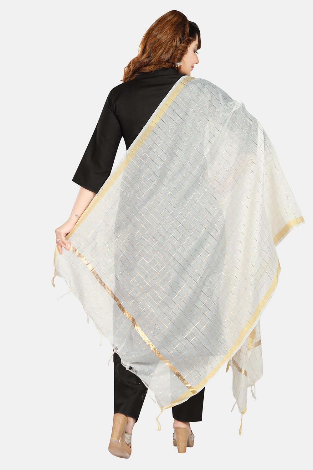 Fabme Silk Blend Women'S Checkered Dupatta With Embellish Golden Border Off-White Free Size