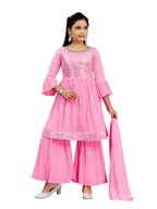 Aarika Girls Ethnic Wear Gajri Colour Sequins Embroidery Georgette Kurti Sharara Set (5-11 Years)