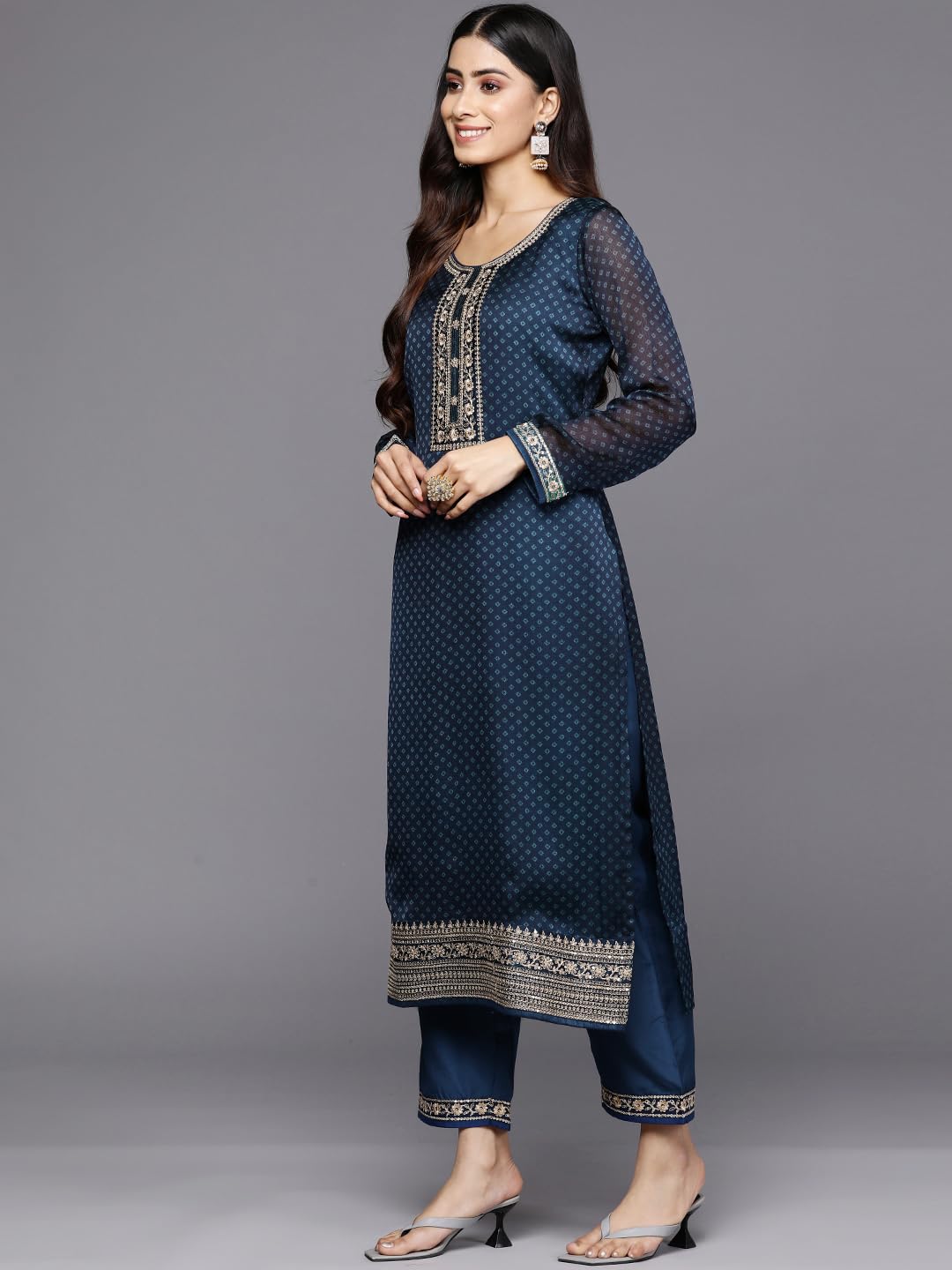 Libas Womens Printed Chiffon Straight Kurta With Trousers And Dupatta