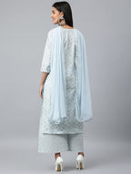 ANNI DESIGNER Womens Cotton Blend Straight Printed Kurta with Palazzo & Dupatta (Suchi Sky Blue_M_Sky Blue_Medium)