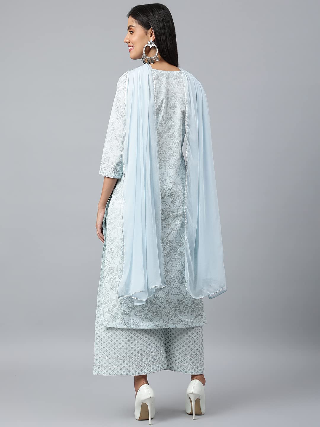 ANNI DESIGNER Womens Cotton Blend Straight Printed Kurta with Palazzo & Dupatta (Suchi Sky Blue_M_Sky Blue_Medium)