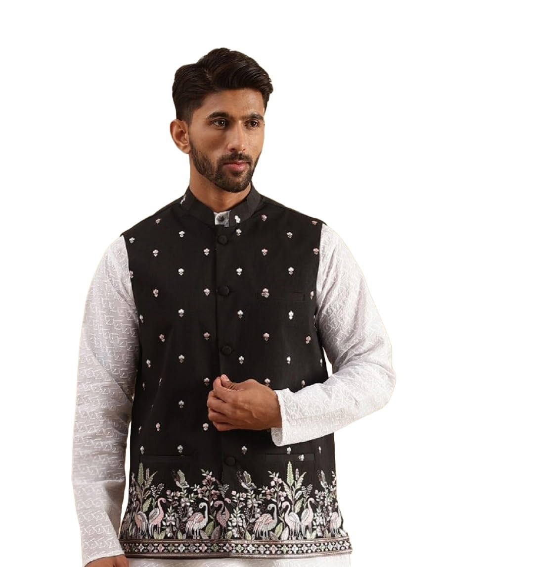SOJANYA (Since 1958 Mens Silk Blend Exquisite Daman Embroidered Black Nehru Jacket