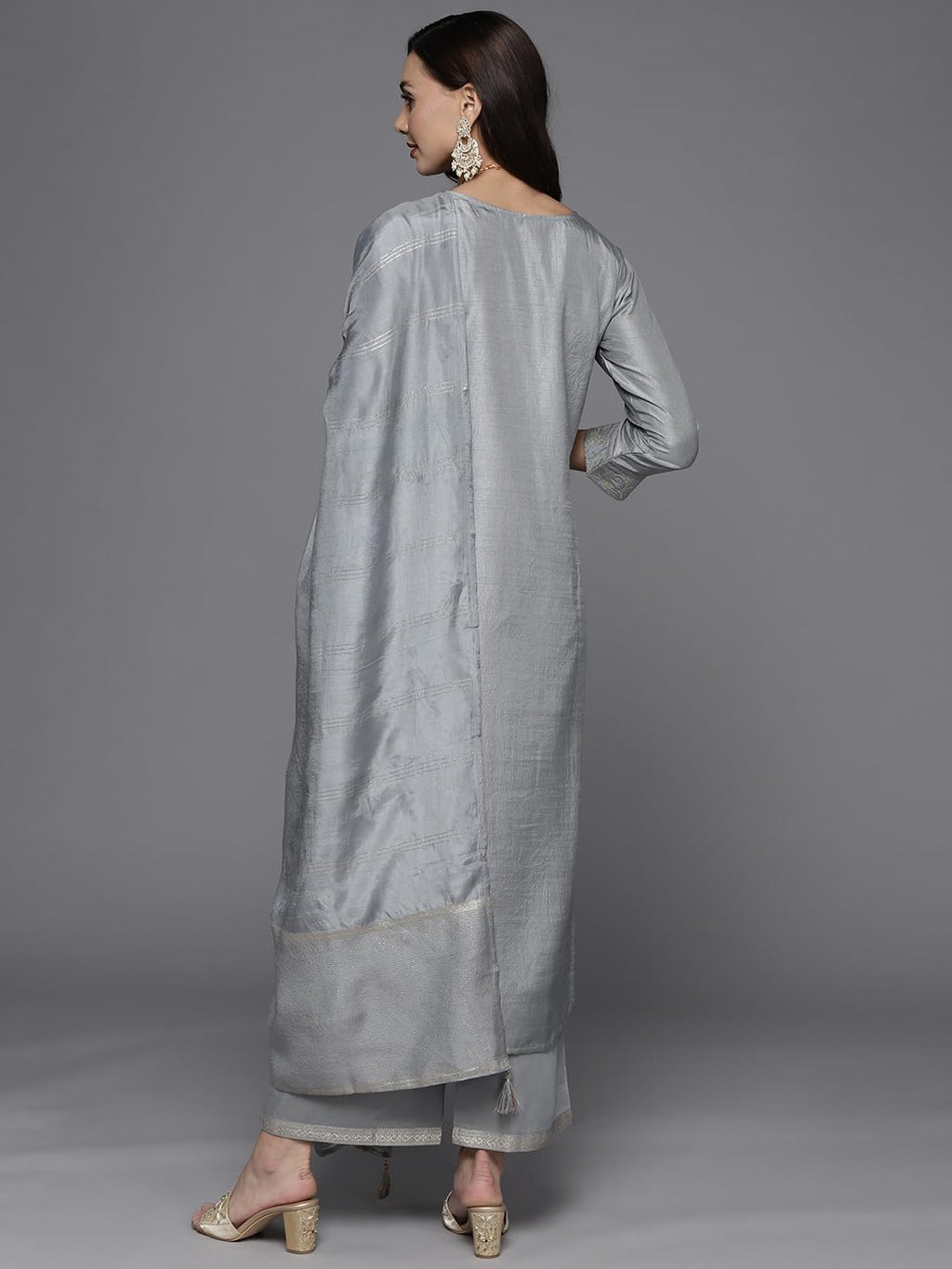 Libas Womens Woven Design Silk Blend Straight Kurta With Palazzos And Dupatta
