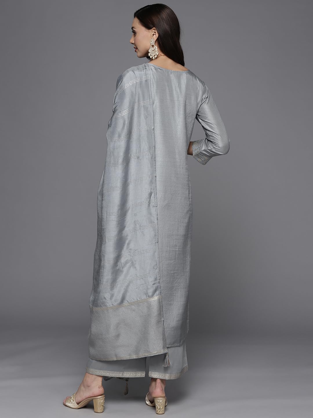 Libas Womens Woven Design Silk Blend Straight Kurta With Palazzos And Dupatta