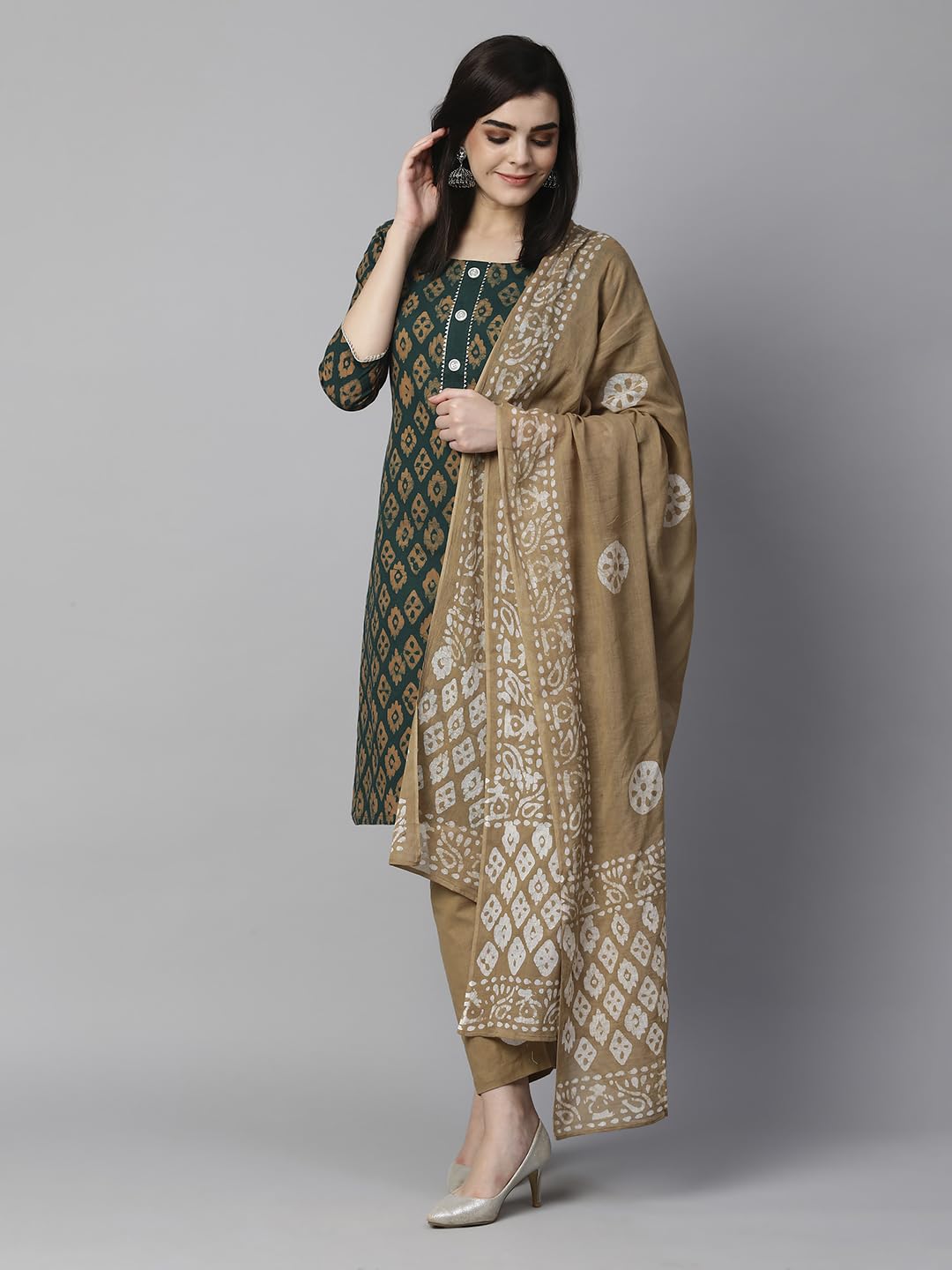 ANNI DESIGNER Ladies Cotton Blend Kurta with Trousers and Dupatta, green, M