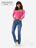 The Souled Store Hot-Pink Ribbed Top Women and Girls Square Neck Cotton Blend Full Sleeves Tops Womens T-Shirts Tops Tees Casua