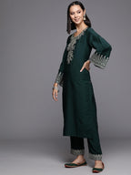 Varanga Women Green Embroidered Straight Kurta Paired With Tonal Bottom And Dupatta