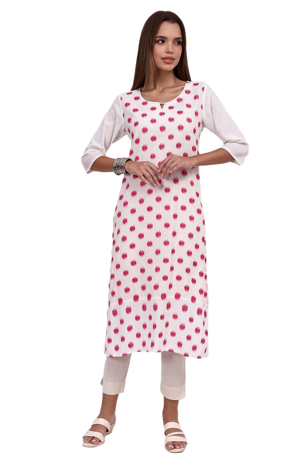 Aurelia Womens White Geometric Printed Cotton Rayon Straight Kurta (Size: L)-A15975-705665