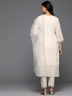 Varanga Women Cream V Neck Thread & Sequence Embroidered Kurta Paired With Bottom & Embroidered Organza Dupatta