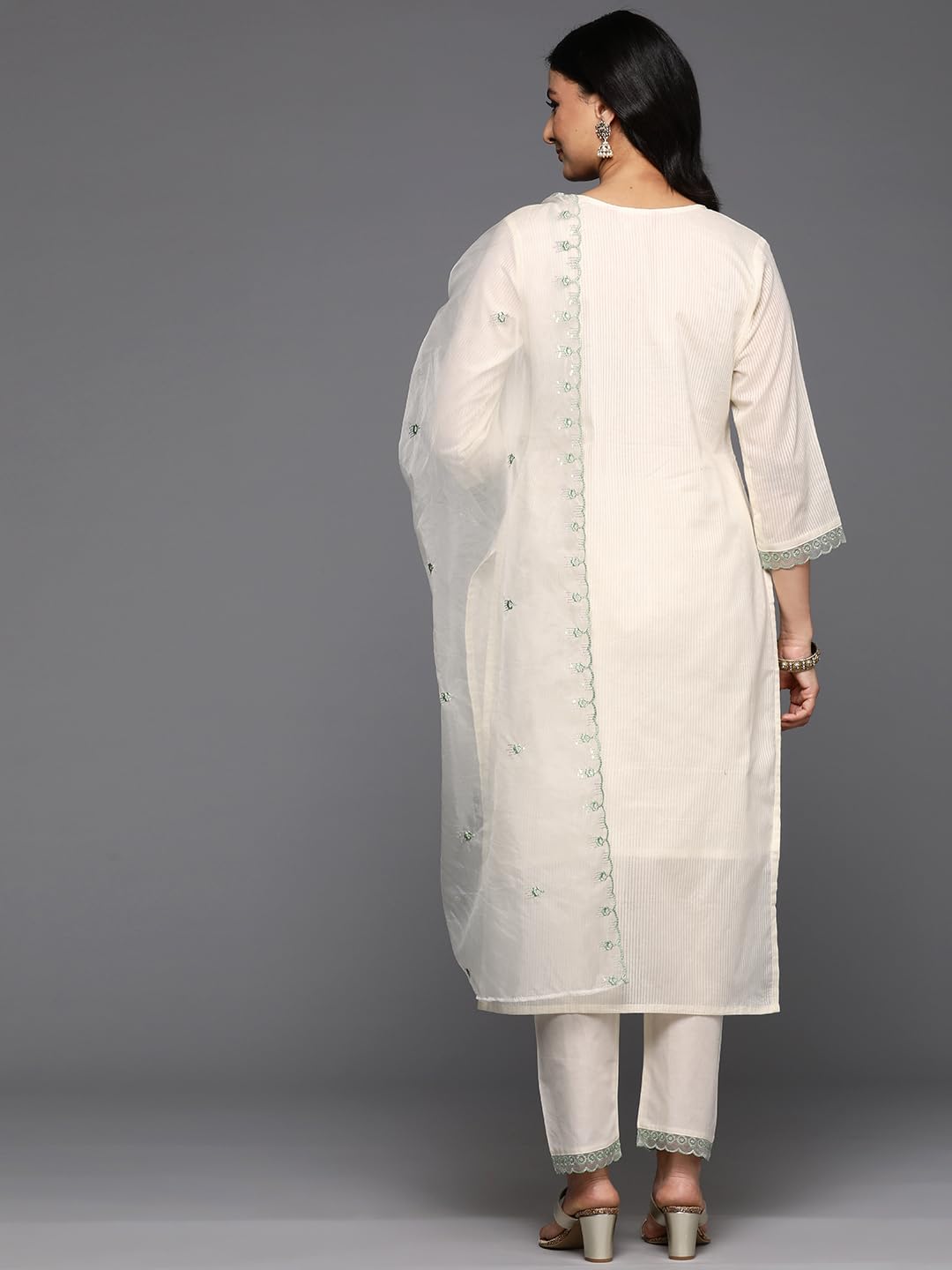 Varanga Women Cream V Neck Thread & Sequence Embroidered Kurta Paired With Bottom & Embroidered Organza Dupatta