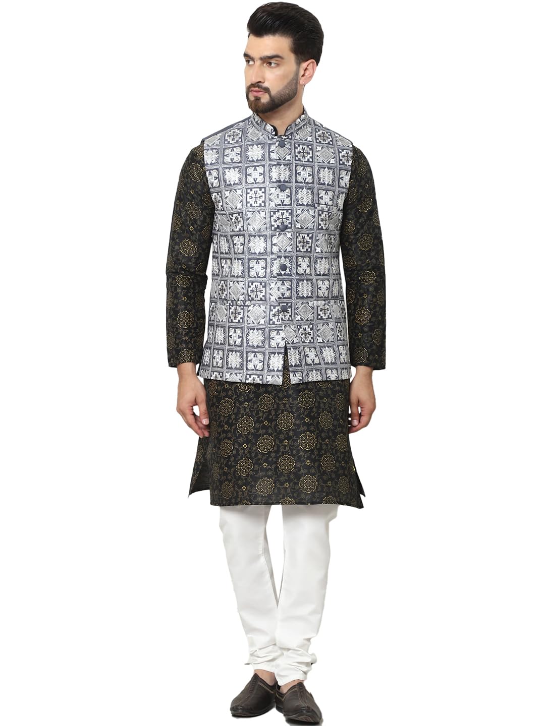 SOJANYA (Since 1958 Mens Silk Blend Printed Black Kurta and White Pyjama With Embroidered Grey Nehru Jacket