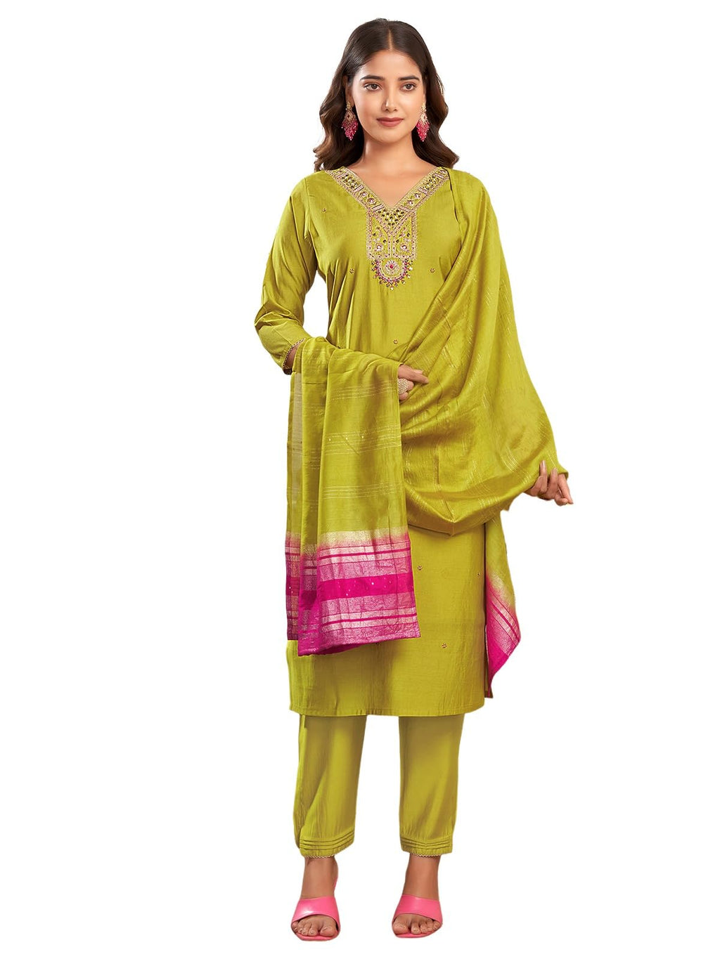 Sanisa Women'S Silk Blend Sequins And Embroidery Straight Kurta With Pant And Dupatta Set (192Kbd2047N-Xl_Mustard Green)