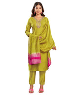 Sanisa Women'S Silk Blend Sequins And Embroidery Straight Kurta With Pant And Dupatta Set (192Kbd2047N-Xl_Mustard Green)