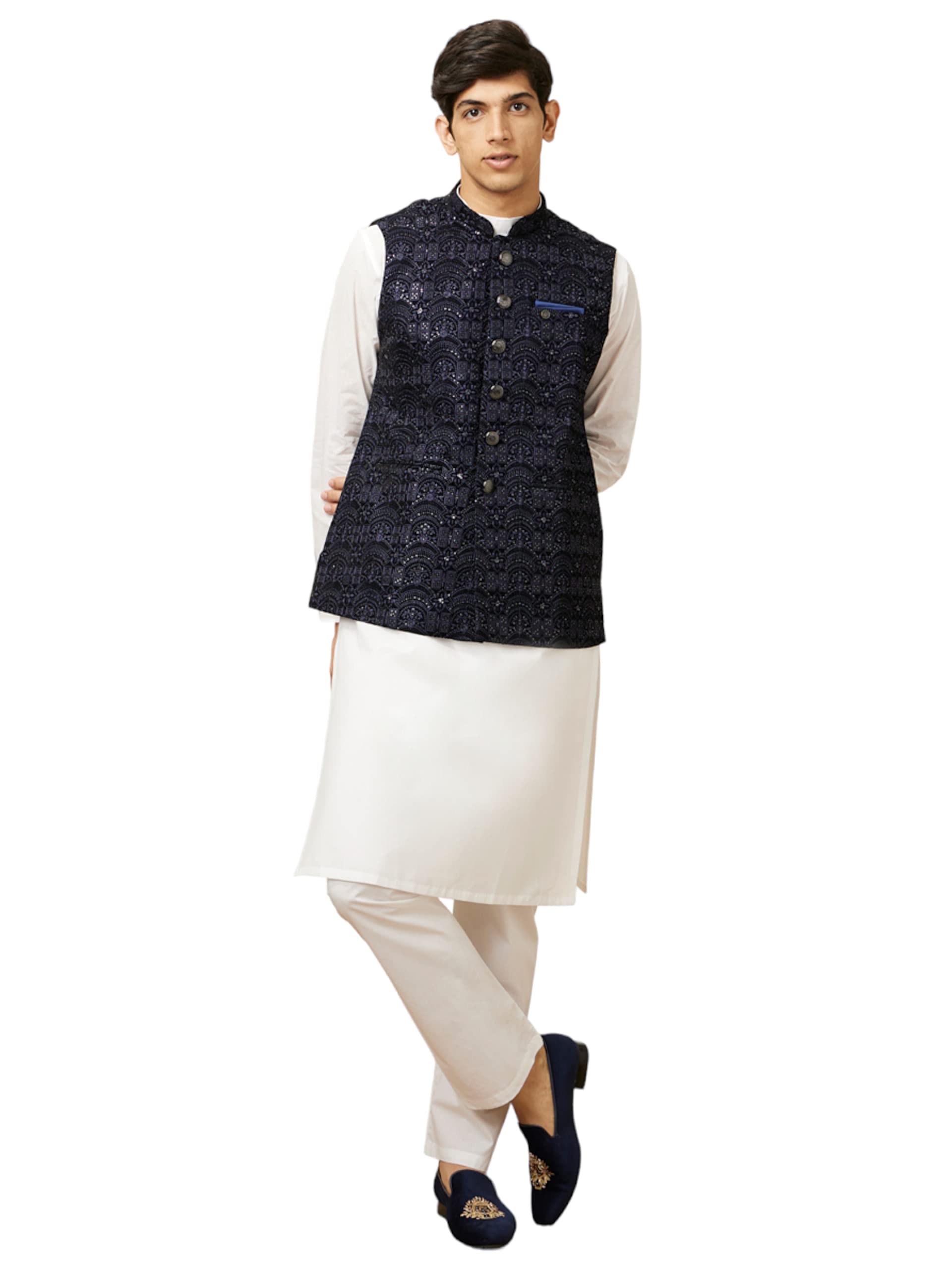 Manyavar Mens Velvet Embroidered Casual, Traditional Sleeveless Jacket (Blue, M)